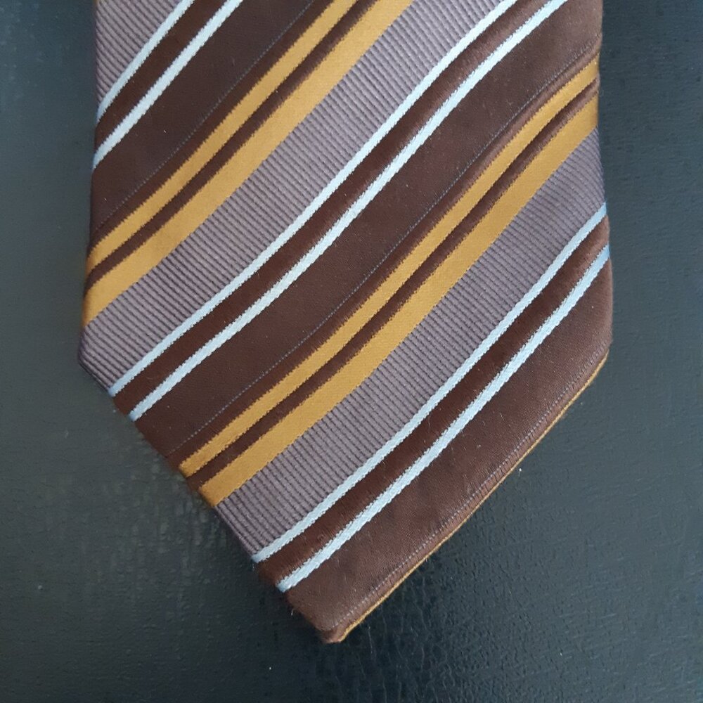 Hugo Boss Tan, Brown & White Diagonal Striped 100% Silk Men's Tie